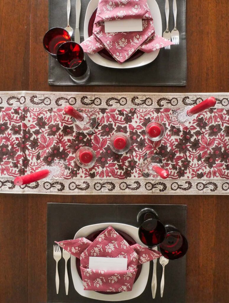 Overhead view of Valentine's tablescape for two.