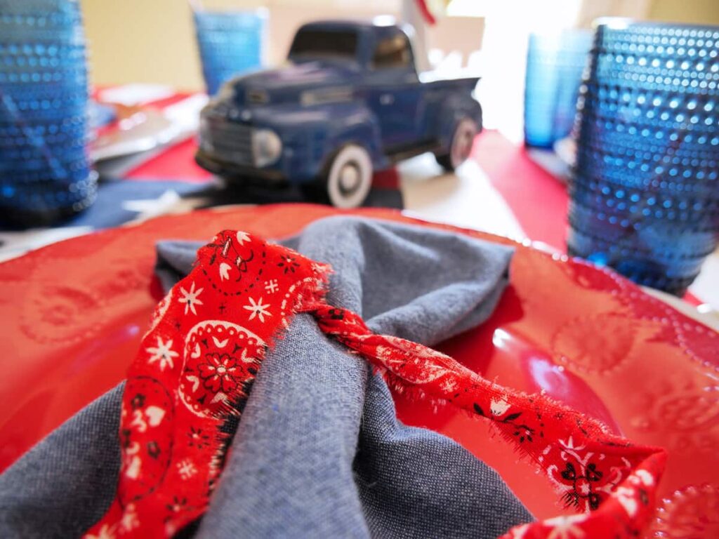 Simple patriotic tablescape with blue truck