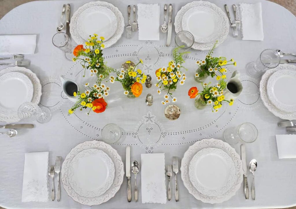 Overhead view of French farmhouse tablescape.