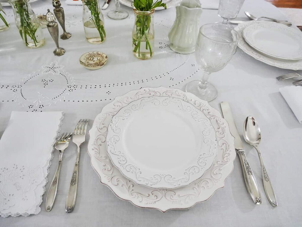 Overhead view of French farmhouse place setting.