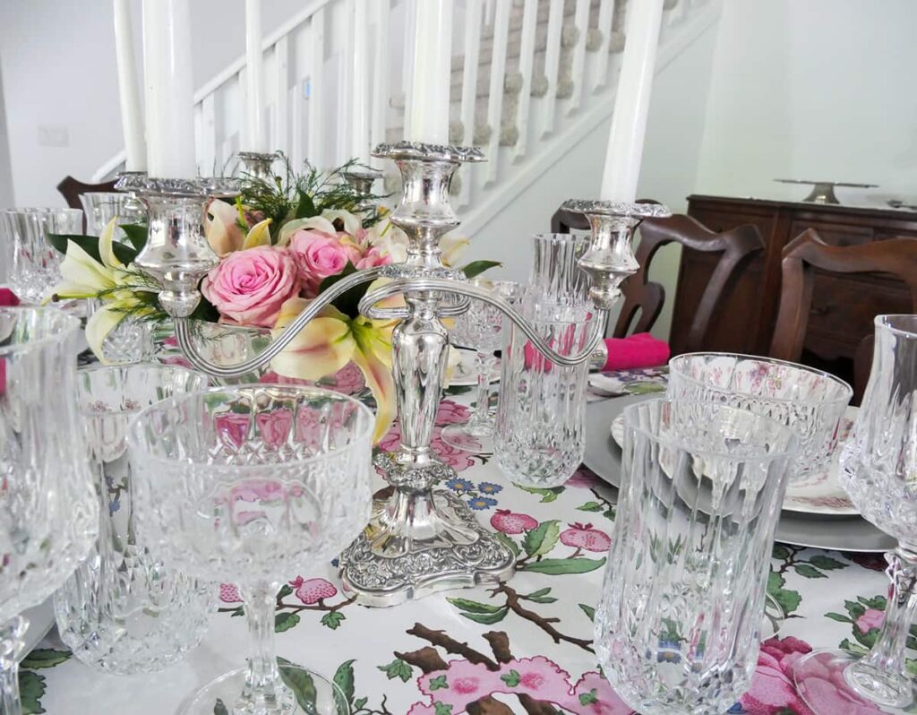 View of the candelabras on the Bridgerton-inspired tablescape.