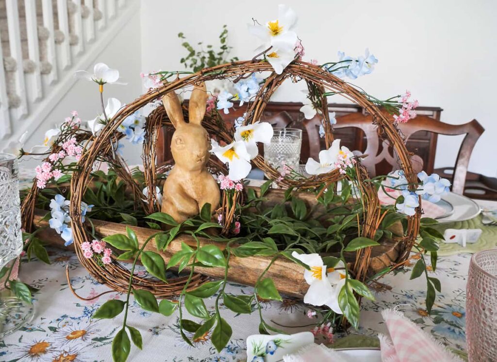 Easter tablescape centerpiece with wooden bunny.