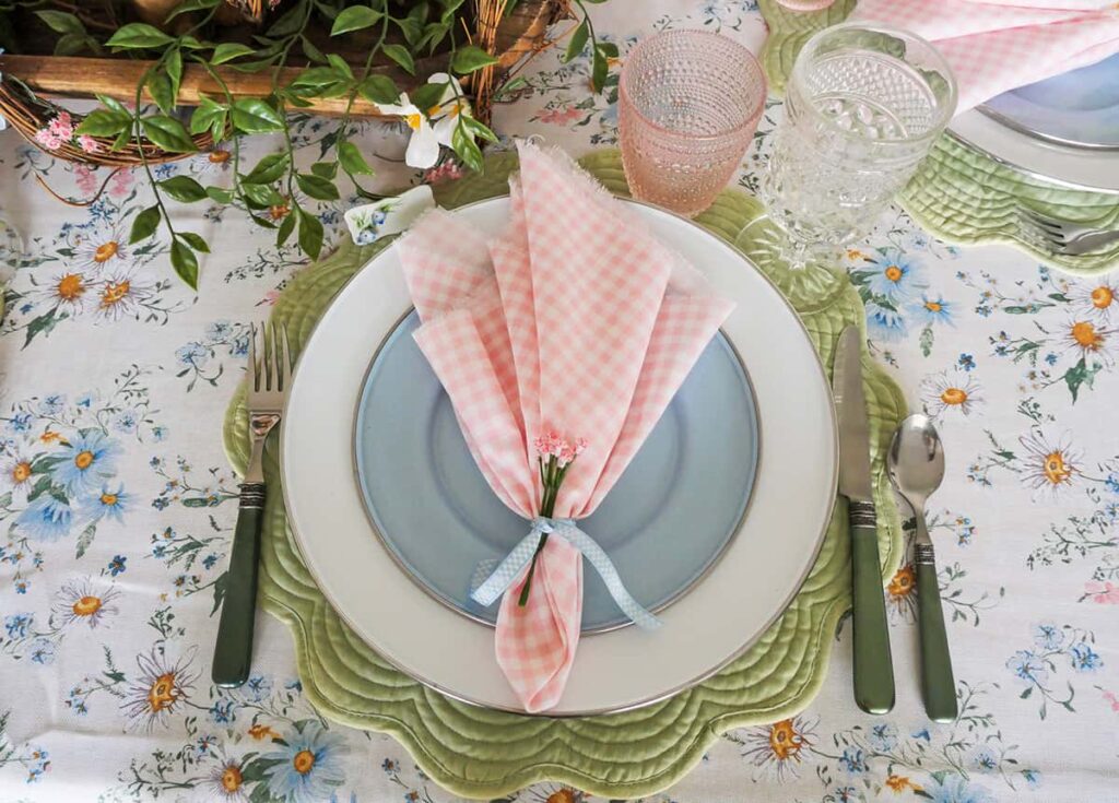 Overhead view of Easter tablescape place setting.