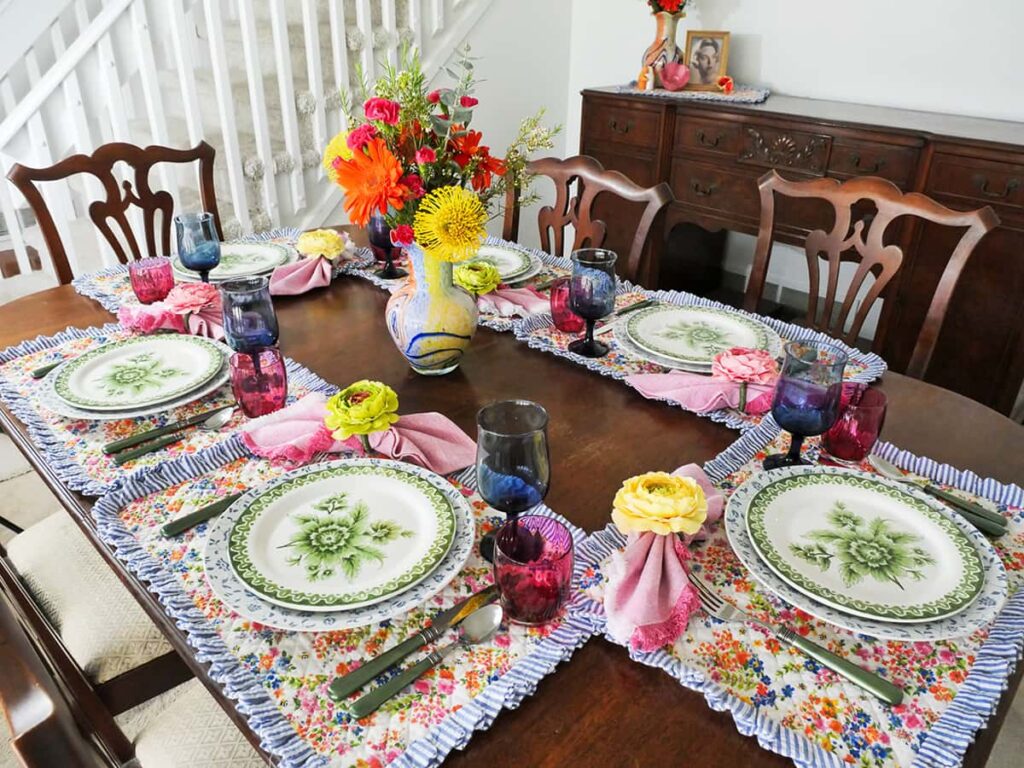 Colorful Mother's Day table setting full view.