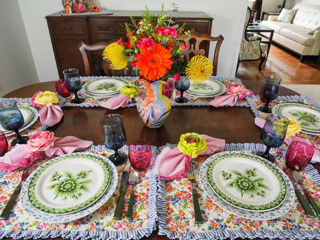 Side view of colorful Mother's Day table setting.