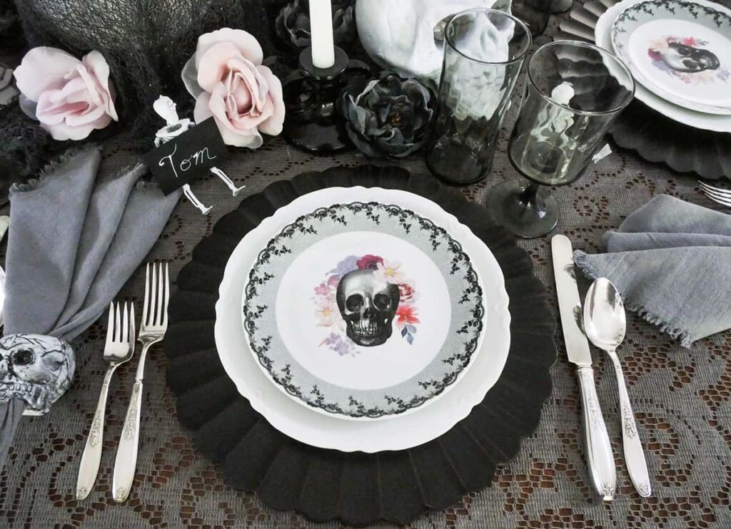 Overhead view of pretty Halloween place setting.