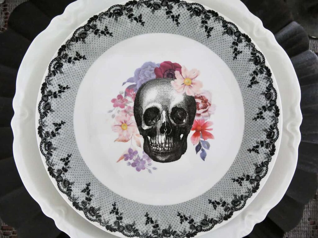 Overhead view of the plates layered on the Halloween table.