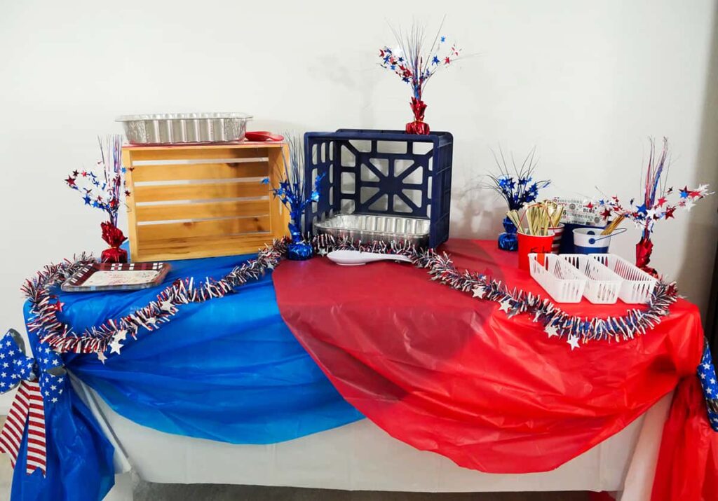 Front of table showing how to style an outdoor buffet table.