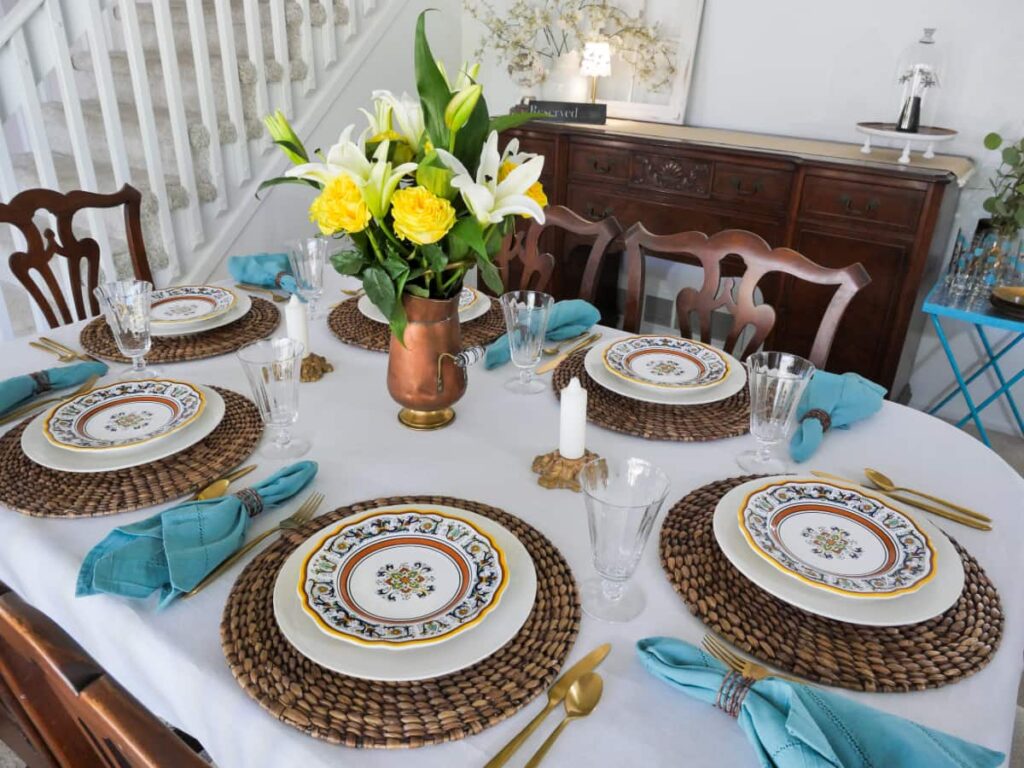 Whole Old-world charm tablescape view.