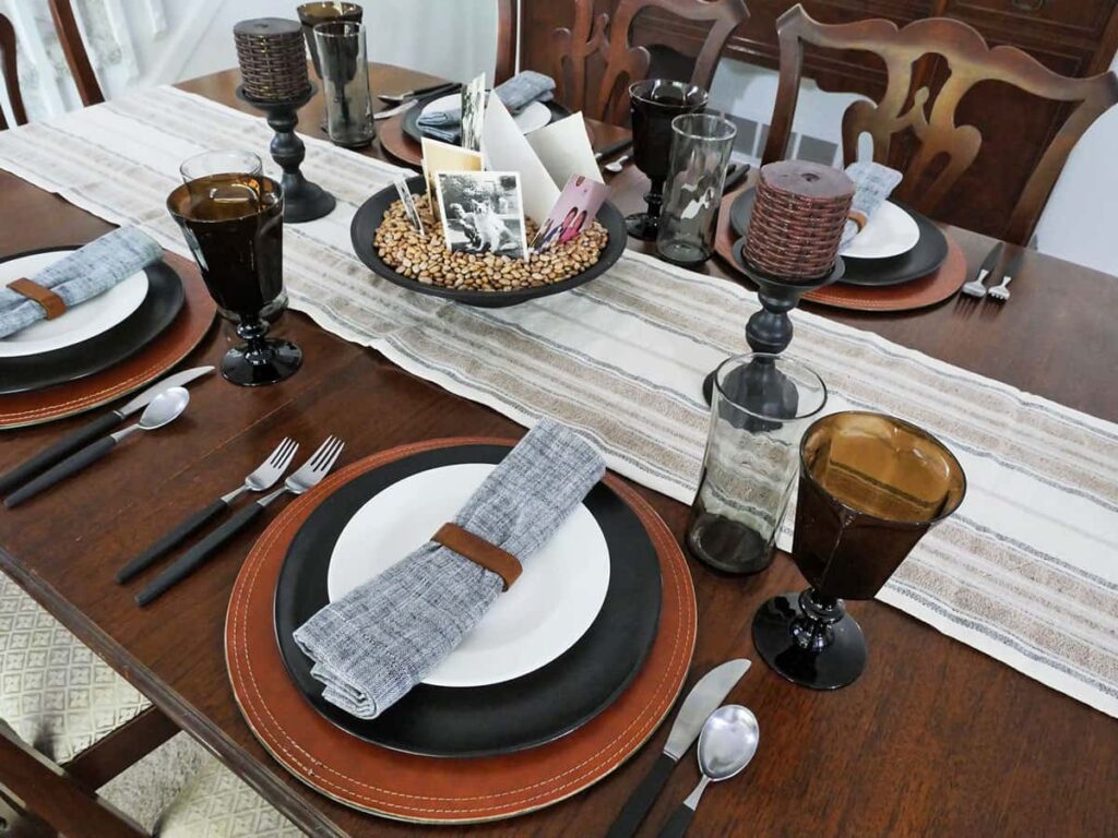 Father's Day table setting ideas using brown, black and cream colors.