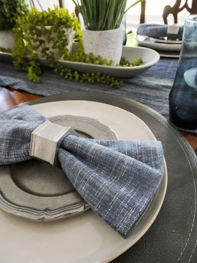 Blue and grey masculine table setting.