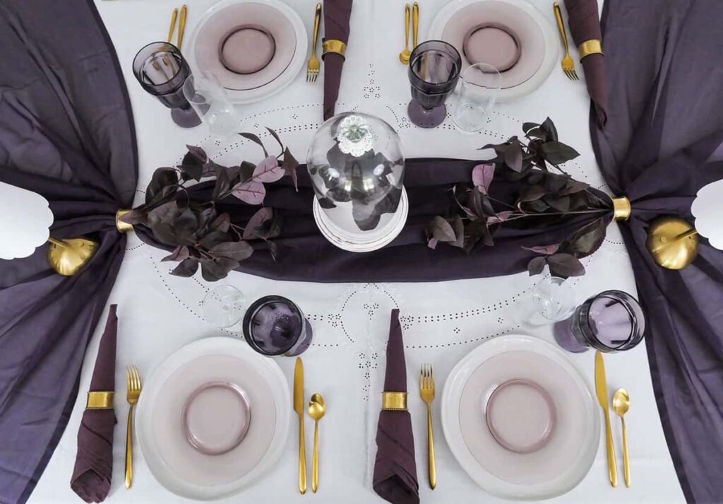 Overhead of a unique fall table using deep plum as the primary color.