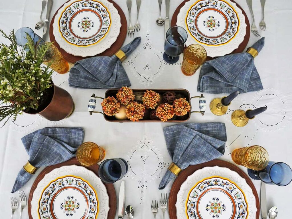 Overhead of European-inspired fall table setting.