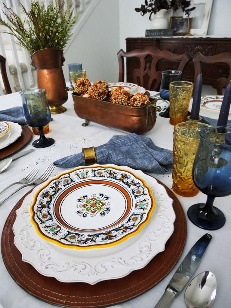 A European-inspired fall tablescape with Nova Deruta salad plates.