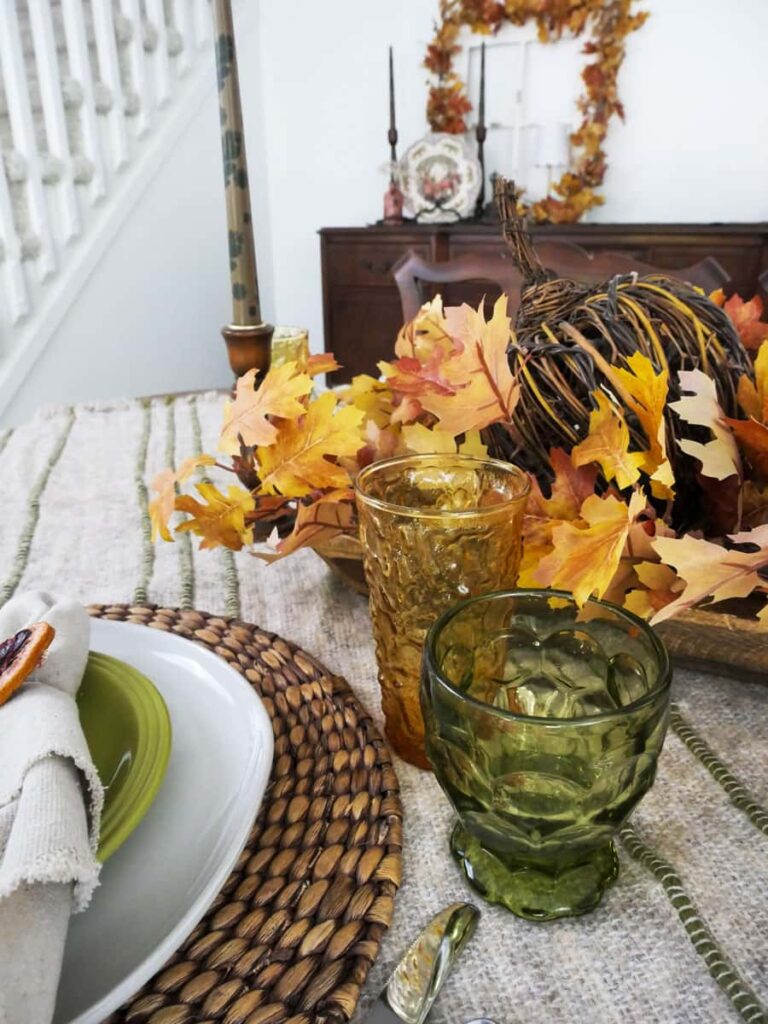 Vintage green and amber glasses on my cozy fall tablescape.