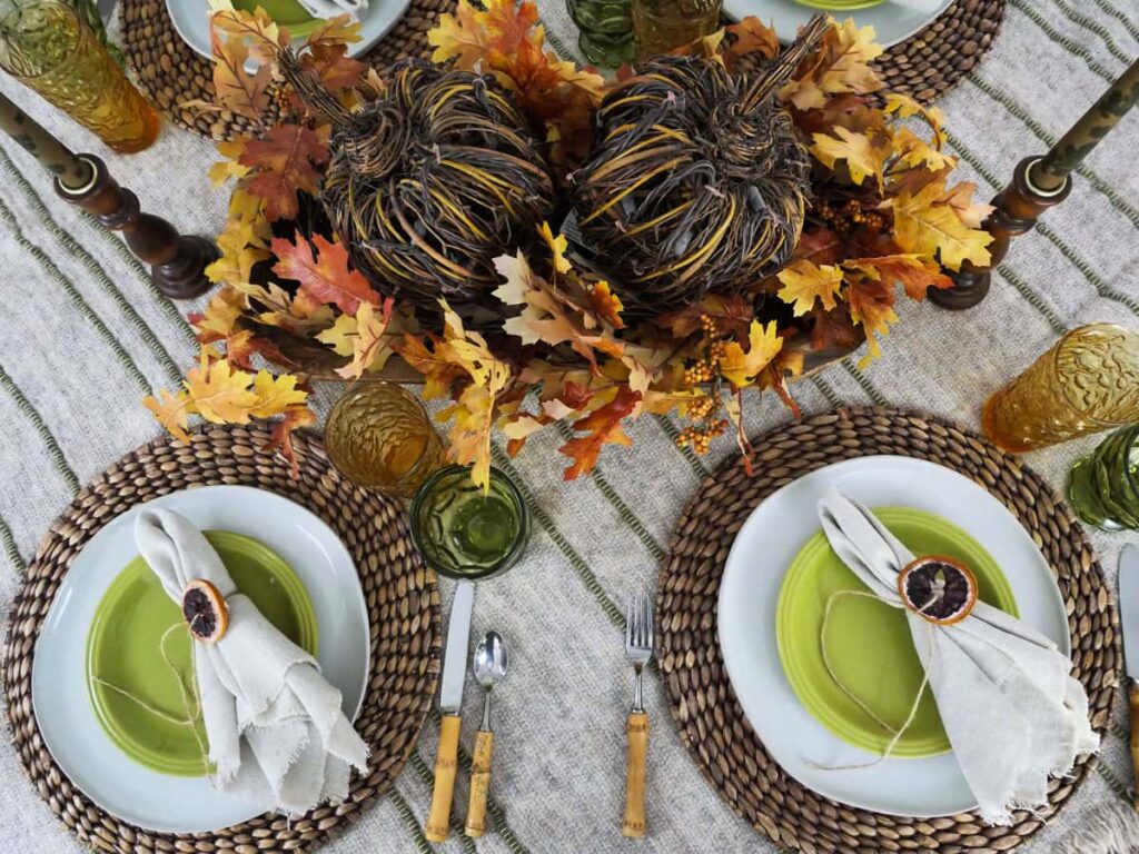 Overhead view showing two fall place settings.