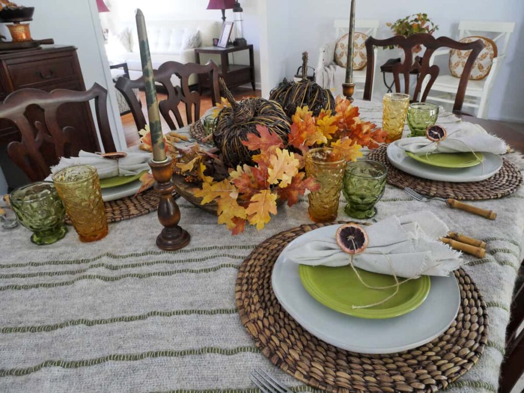 View from the cozy fall tablescape with the seating area in the background.