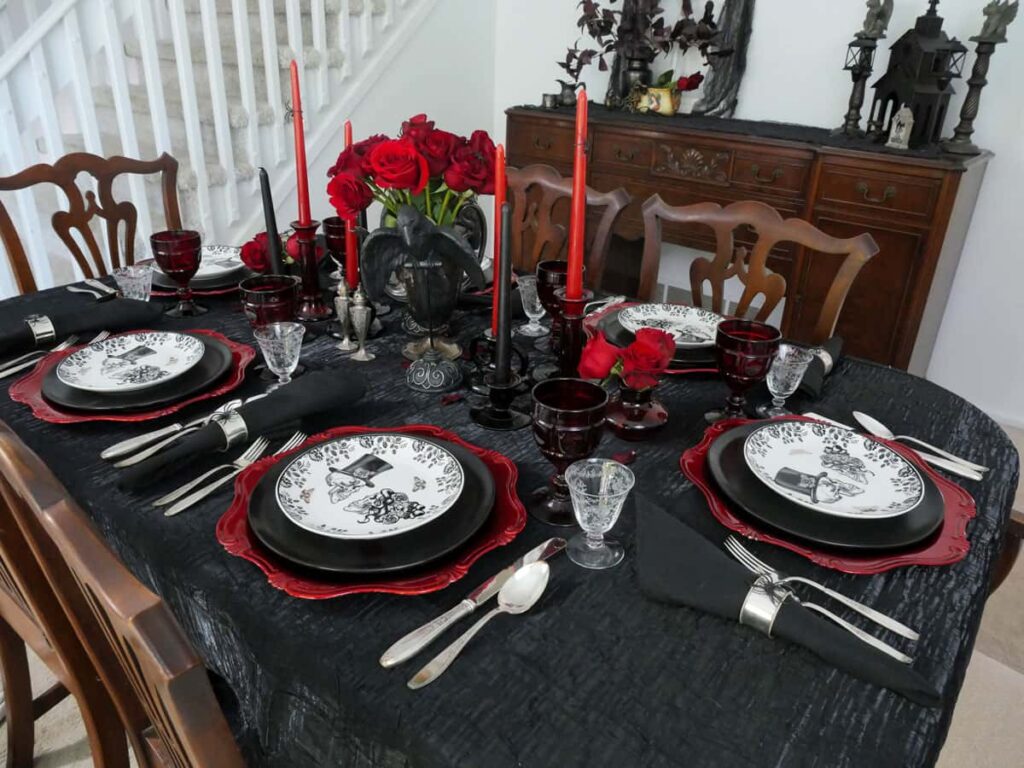 Whole view of an elegant Halloween tablescape.