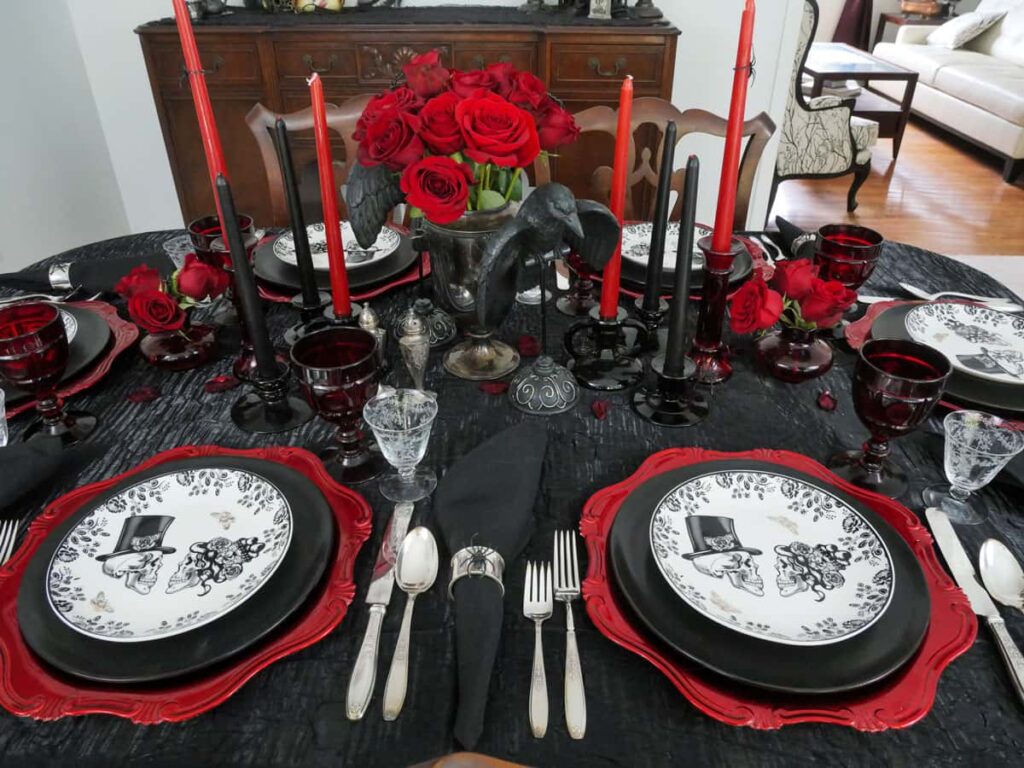 An elegant Halloween tablescape with lots of black and red accents.