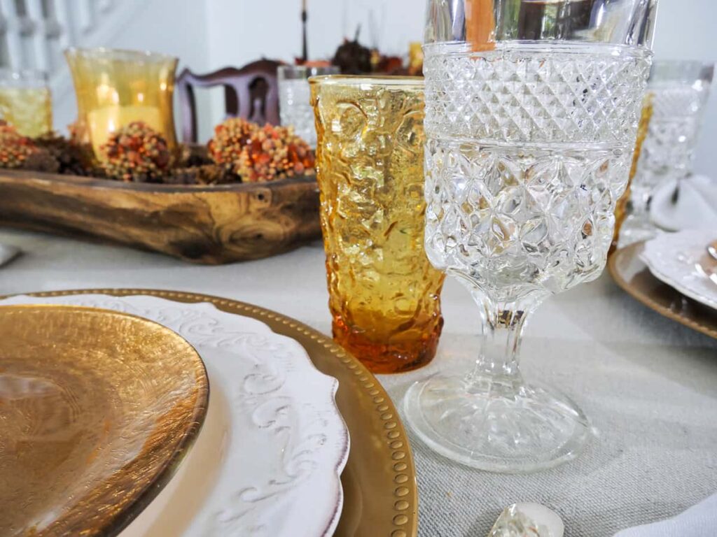 Amber and clear glasses on my rustic glam fall tablescape.