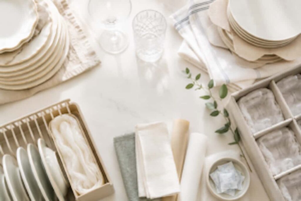 overhead view of items used to take care of dishes and tableware.